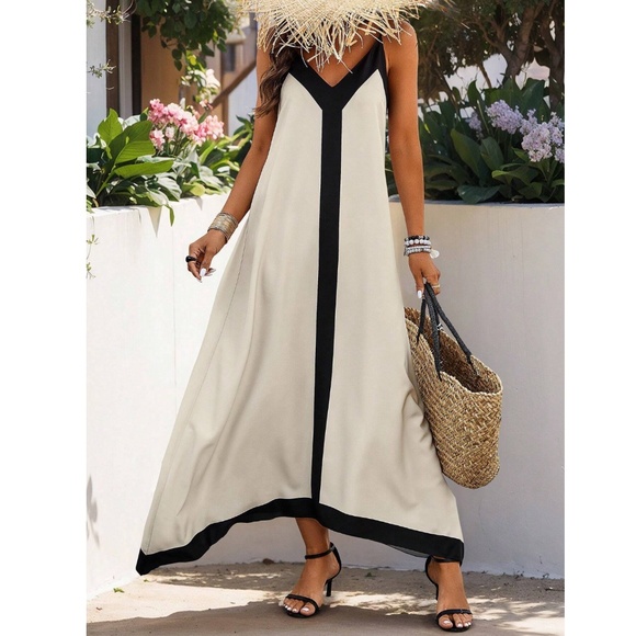 Beige Maxi Dress Black Trim V-Neck Cami A-Line Loose Flared Fit - Picture 3 of 6